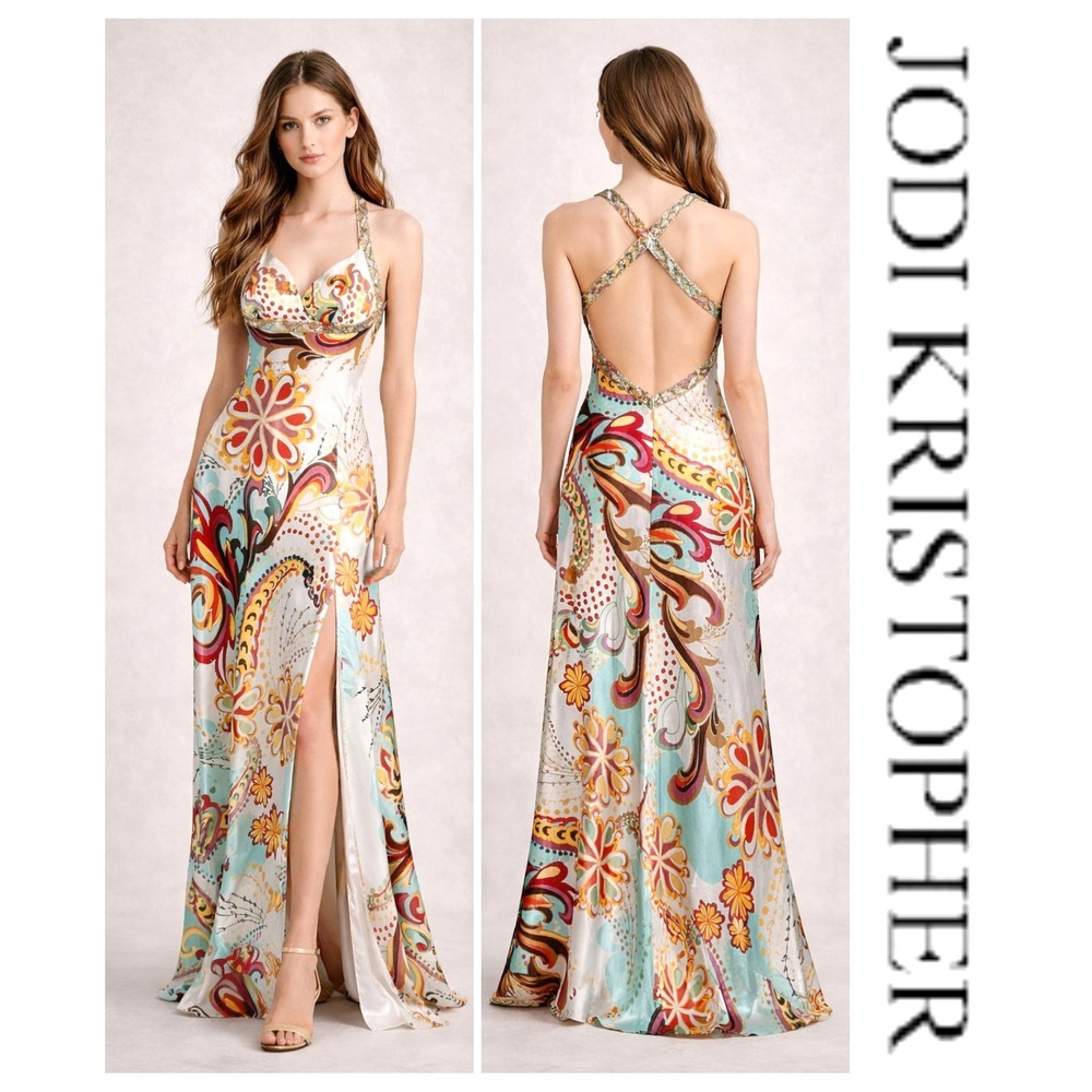 Jodi Kristopher Vtg Y2K Paisley Satin Beaded Whimsical Maxi Prom Dress Juniors 3